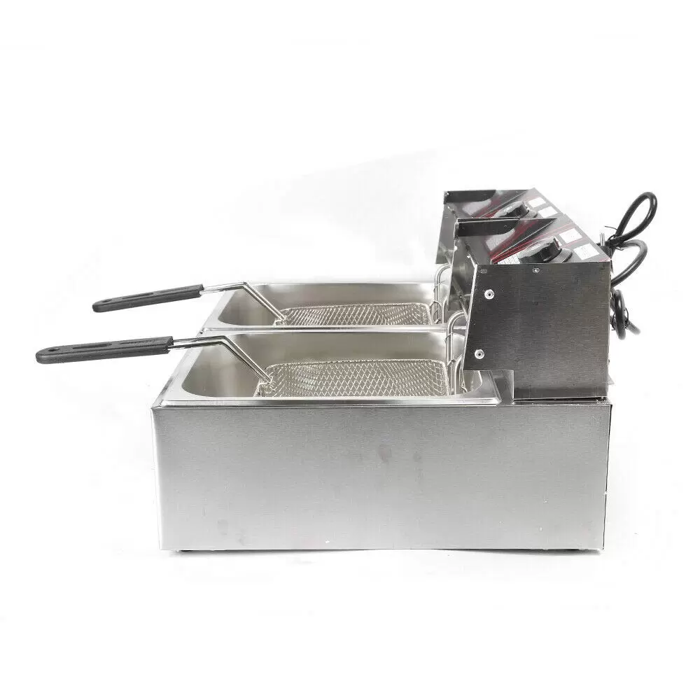 Stainless Steel Double Fryer 12L Cold Zones Double Electric Fryer Thermostat 60-200°C with Basket and Lid