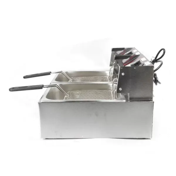 Stainless Steel Double Fryer 12L Cold Zones Double Electric Fryer Thermostat 60-200°C with Basket and Lid