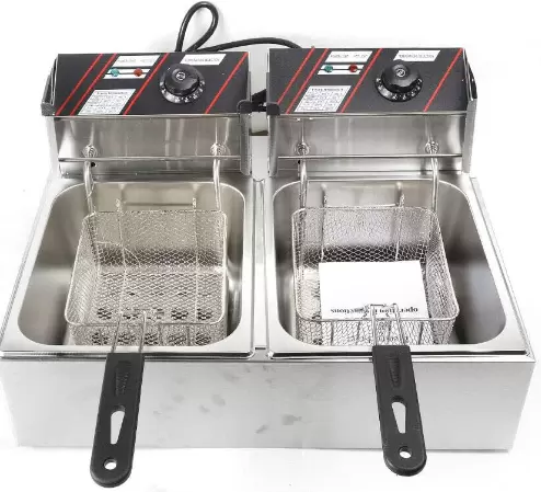Stainless Steel Double Fryer 12L Cold Zones Double Electric Fryer Thermostat 60-200°C with Basket and Lid