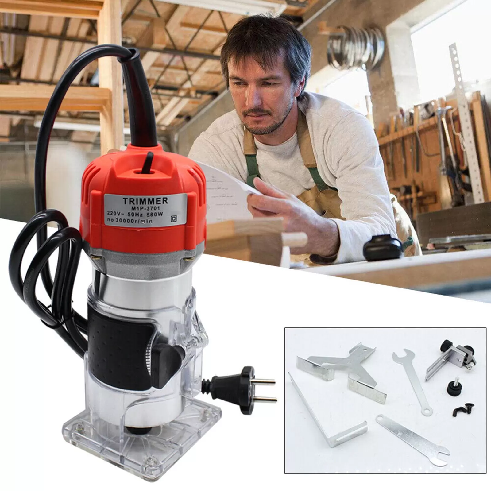 220 V 30,000 rpm electric router, wood laminator, aluminum multi-function router with transparent guide for woodworking