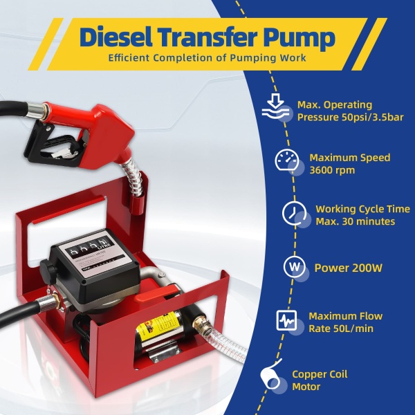 Self-priming Diesel Transfer Pump 230V  50L/min Fuel Pump Oil Pump For Vehicles Construction Sites Farms Tensile Resistance Rust Resistance  Sunproof  Snowproof