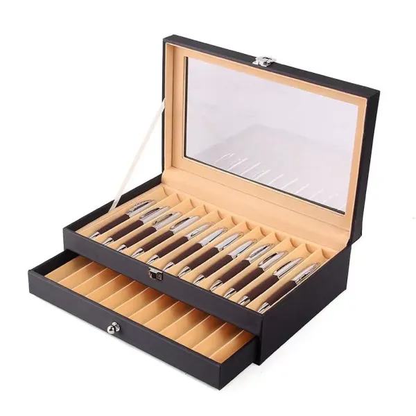 24/36 Slots Fountain Pen Leather Pen Display Case Holder with Clear Cover Pen Organizer Storage Collector Box