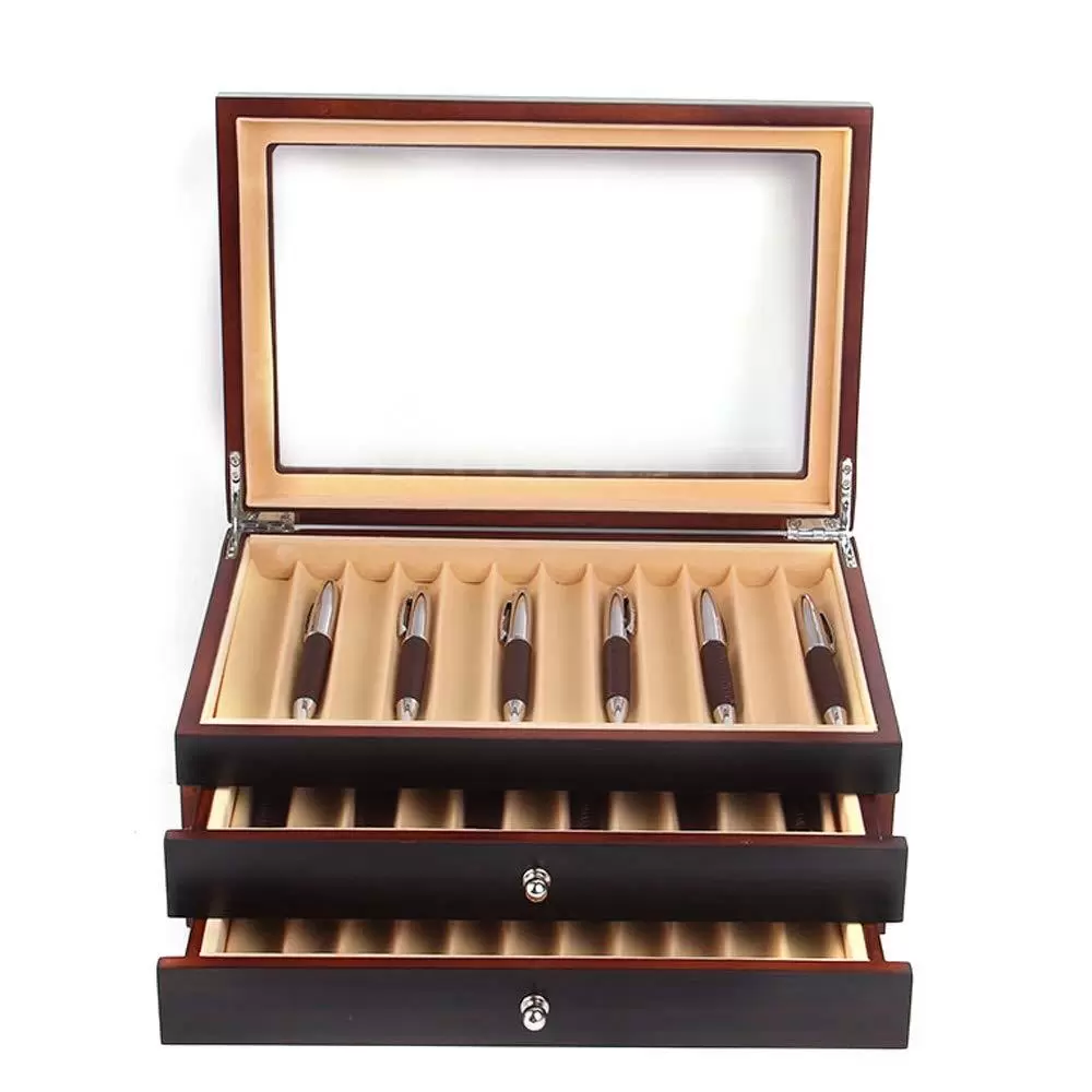 3 Layer Wood Display Case Holder Storage Collector Organizer Box 34 Fountain Pen Wooden Pen Display Organizer Case with Glass Cover