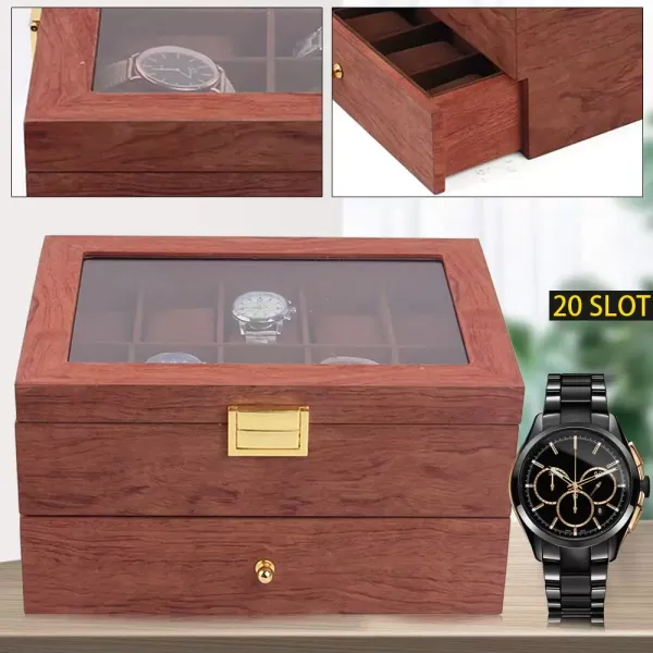 CNCEST Watch Storage Box 20 Slots with Clear Lid Wooden Watch Box for Men Women