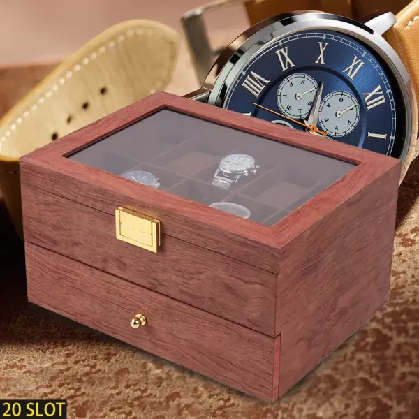 CNCEST Watch Storage Box 20 Slots with Clear Lid Wooden Watch Box for Men Women