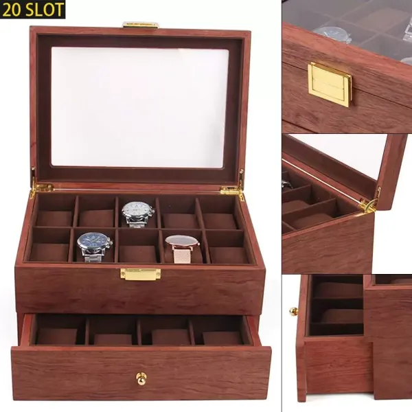 CNCEST Watch Storage Box 20 Slots with Clear Lid Wooden Watch Box for Men Women