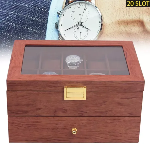 CNCEST Watch Storage Box 20 Slots with Clear Lid Wooden Watch Box for Men Women