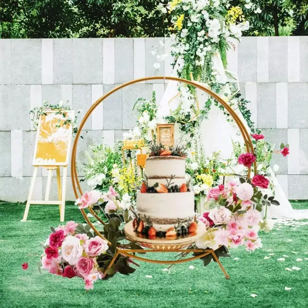 2-Ring Wedding Arch with Cake Stand Wrought Iron Wedding Arch Decorative Accessories Great For Wedding Party Decoration And Easy To Move Gold 2-Ring Wedding Arch with Cake Stand Wrought Iron Wedding Arch Decorative Accessories Great For Wedding Party Decoration And Easy To Move Gold