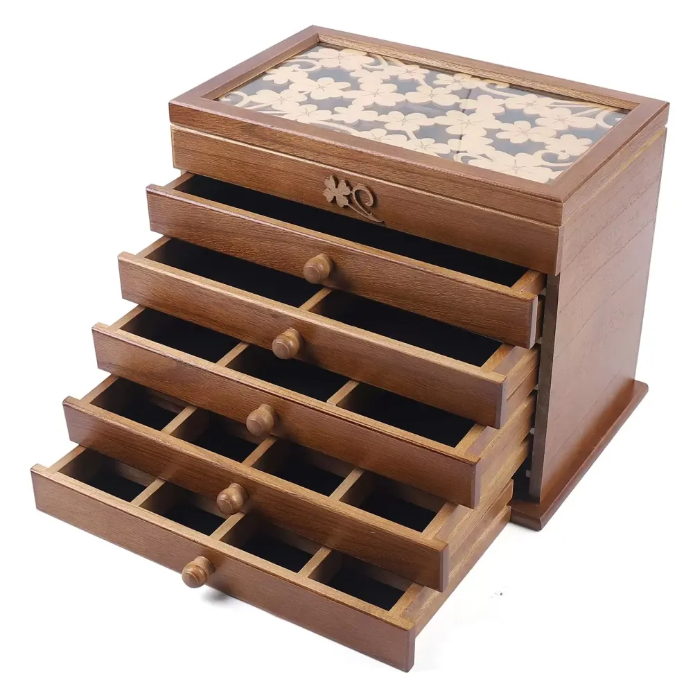 6 Layers Carved Wooden Jewelry Box for Women Brown Jewelry Box for Rings Earrings Necklace Wooden Jewellery Box Cabinet For Ring