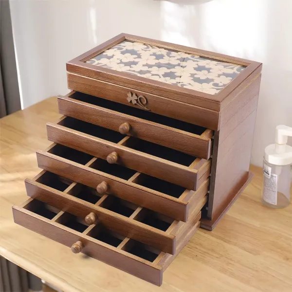 6 Layers Carved Wooden Jewelry Box for Women Brown Jewelry Box for Rings Earrings Necklace Wooden Jewellery Box Cabinet For Ring