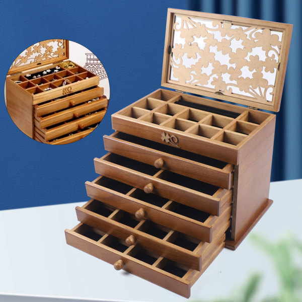 6 Layers Carved Wooden Jewelry Box for Women Brown Jewelry Box for Rings Earrings Necklace Wooden Jewellery Box Cabinet For Ring