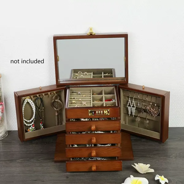 Wooden Jewelry Storage Box Large Jewelry Box Jewelry Box with Combo Lock for Jewelries Ring Necklace and Watches Mirror Padlock