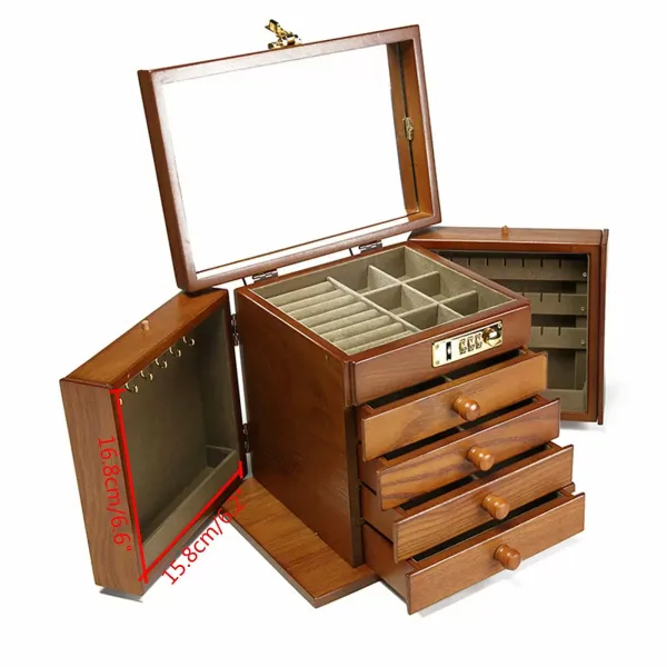 Wooden Jewelry Storage Box Large Jewelry Box Jewelry Box with Combo Lock for Jewelries Ring Necklace and Watches Mirror Padlock