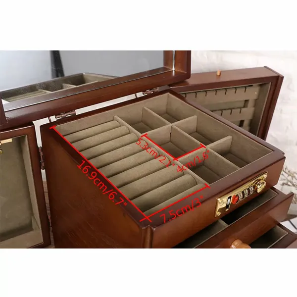 Wooden Jewelry Storage Box Large Jewelry Box Jewelry Box with Combo Lock for Jewelries Ring Necklace and Watches Mirror Padlock