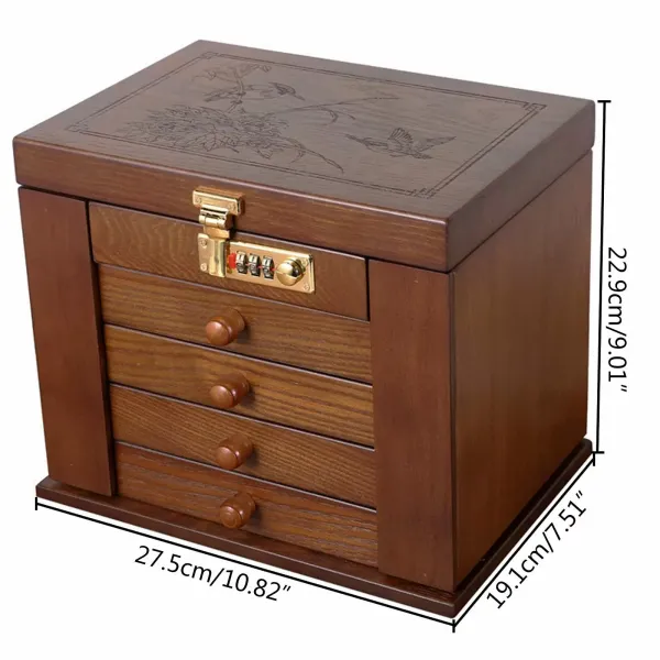 Wooden Jewelry Storage Box Large Jewelry Box Jewelry Box with Combo Lock for Jewelries Ring Necklace and Watches Mirror Padlock