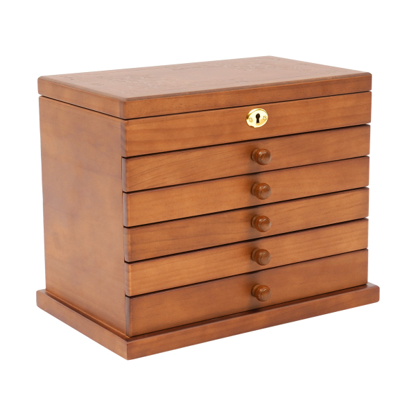 Large 6 Tier Wooden Jewelry Box Large-capacity Jewelry Box Velvet Interior with 5 Drawers 2 Folding Cabinets and Built-in Mirror Brown