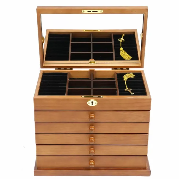 Large 6 Tier Wooden Jewelry Box Large-capacity Jewelry Box Velvet Interior with 5 Drawers 2 Folding Cabinets and Built-in Mirror Brown