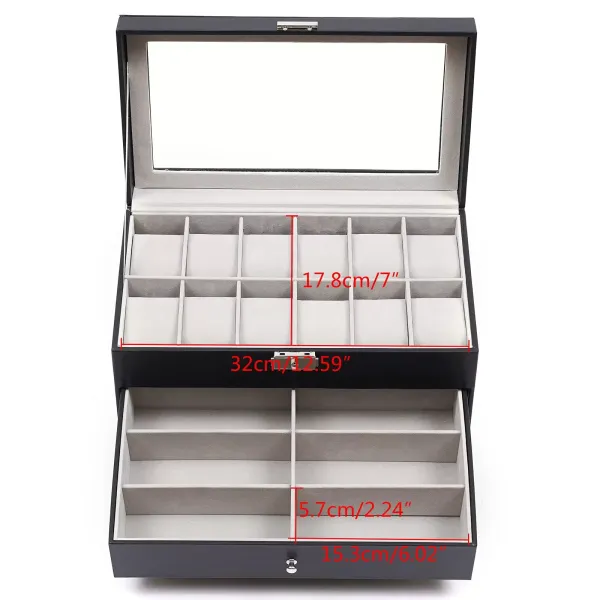 3 Tier Jewelry Box with Glass Lid - Black - Jewelry Box - Glasses Box - Large Capacity - Gift