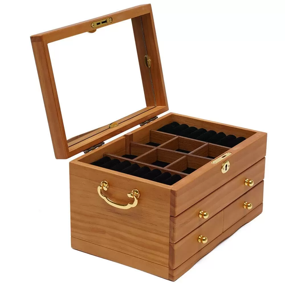 3 Tier Wooden Jewelry Box with Mirror Lock and 3 Drawers Brown 29 x 19 x 17 cm