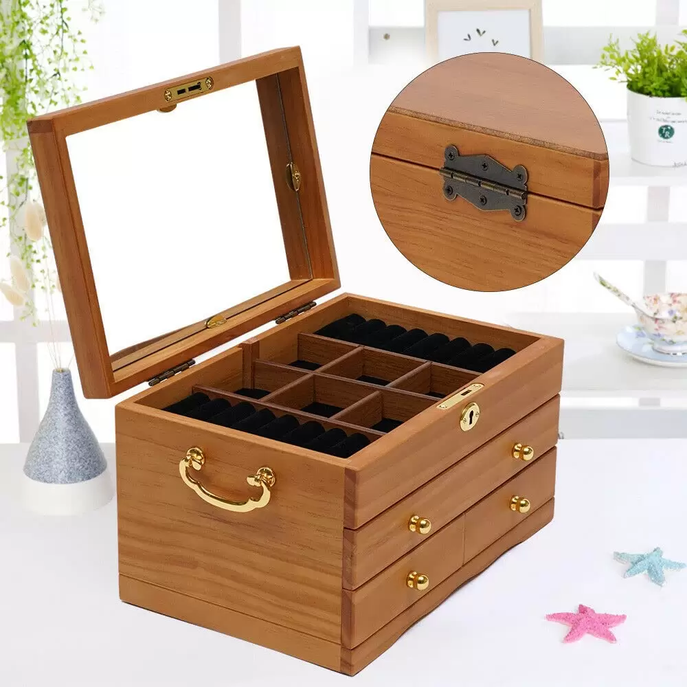 3 Tier Wooden Jewelry Box with Mirror Lock and 3 Drawers Brown 29 x 19 x 17 cm