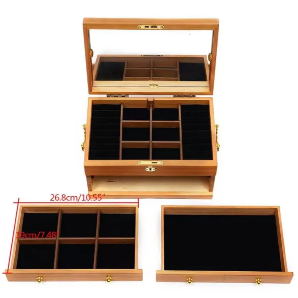 3 Tier Wooden Jewelry Box with Mirror Lock and 3 Drawers Brown 29 x 19 x 17 cm