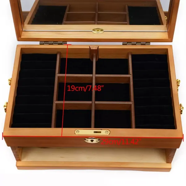 3 Tier Wooden Jewelry Box with Mirror Lock and 3 Drawers Brown 29 x 19 x 17 cm