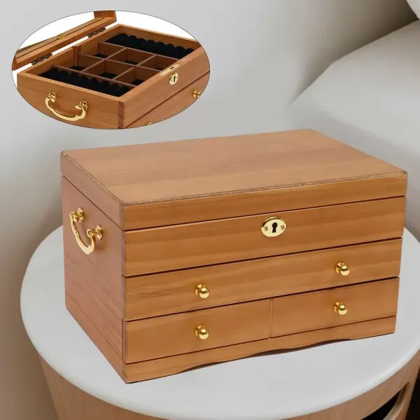3 Tier Wooden Jewelry Box with Mirror Lock and 3 Drawers Brown 29 x 19 x 17 cm 3 Tier Wooden Jewelry Box with Mirror Lock and 3 Drawers Brown 29 x 19 x 17 cm