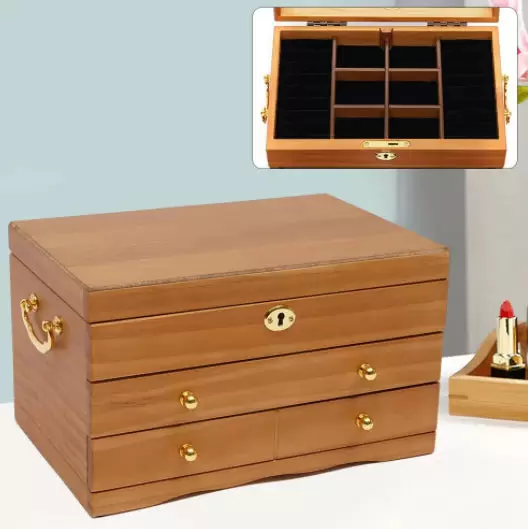 Fetcoi 3 Tier Wooden Jewelry Box with Mirror Lock and 3 Drawers Brown 29 x 19 x 17 cm