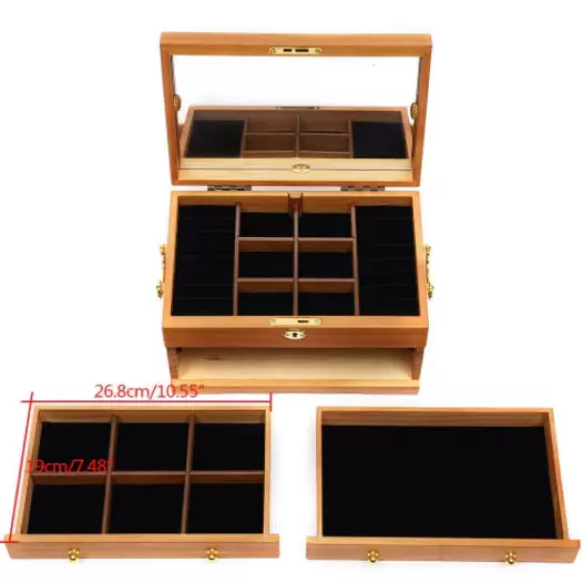 Fetcoi 3 Tier Wooden Jewelry Box with Mirror Lock and 3 Drawers Brown 29 x 19 x 17 cm