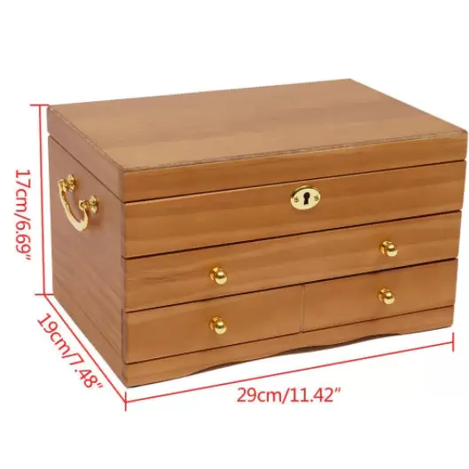 Fetcoi 3 Tier Wooden Jewelry Box with Mirror Lock and 3 Drawers Brown 29 x 19 x 17 cm