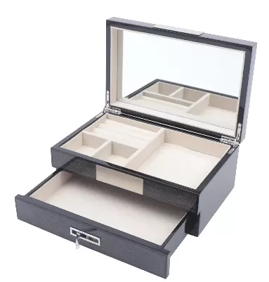 CNCEST Rustic Wooden Jewelry Box 2 Tiers with Mirror for Rings, Earrings, Necklace