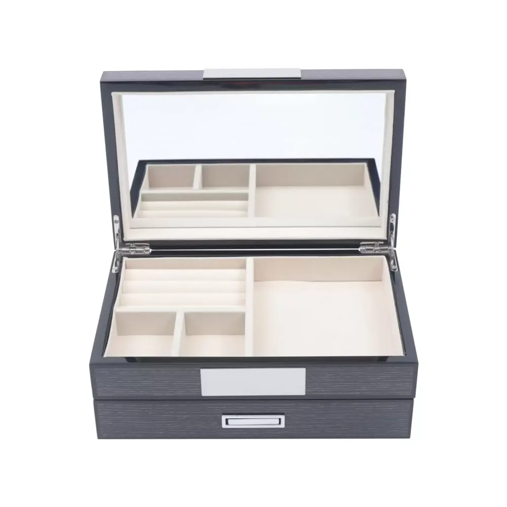 CNCEST Rustic Wooden Jewelry Box 2 Tiers with Mirror for Rings, Earrings, Necklace