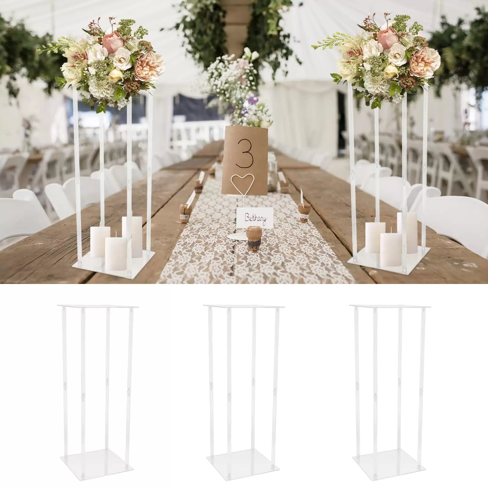 3pcs Adjustable Clear Acrylic Flower Stands, Load Capacity: 10kg, Wedding, Anniversary, Birthday Party 3pcs Adjustable Clear Acrylic Flower Stands, Load Capacity: 10kg, Wedding, Anniversary, Birthday Party