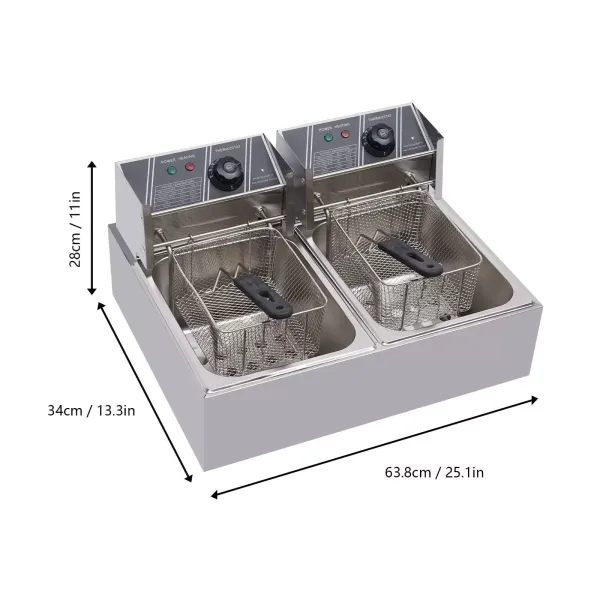 Electric Deep Fryer  Double-cylinder Fryer 12L Stainless Steel Double Fryer with 2 Baskets and Lids for French Fries Chicken Onion Rings Restaurant Home