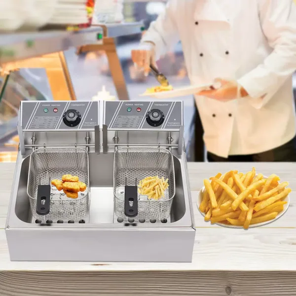 Fryers 12L 2500 W For Fries Chicken Restaurant Home Kitchen Cooking Stainless Steel Double Fryer Silver Used To Fry Fries Fish Chicken