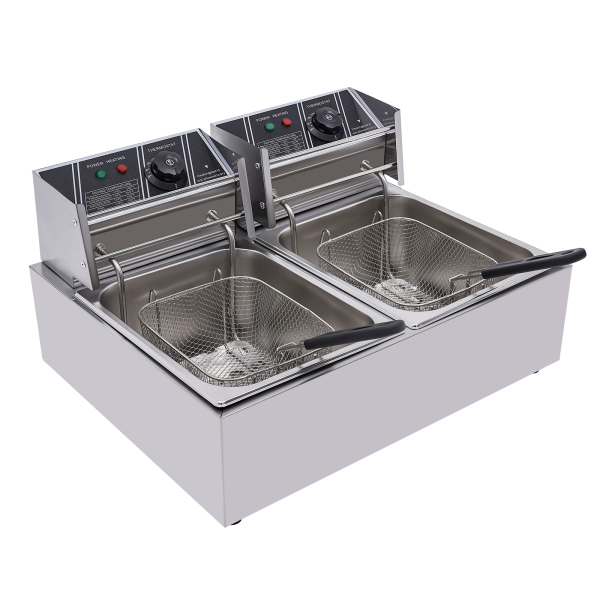Fryers 12L 2500 W For Fries Chicken Restaurant Home Kitchen Cooking Stainless Steel Double Fryer Silver Used To Fry Fries Fish Chicken
