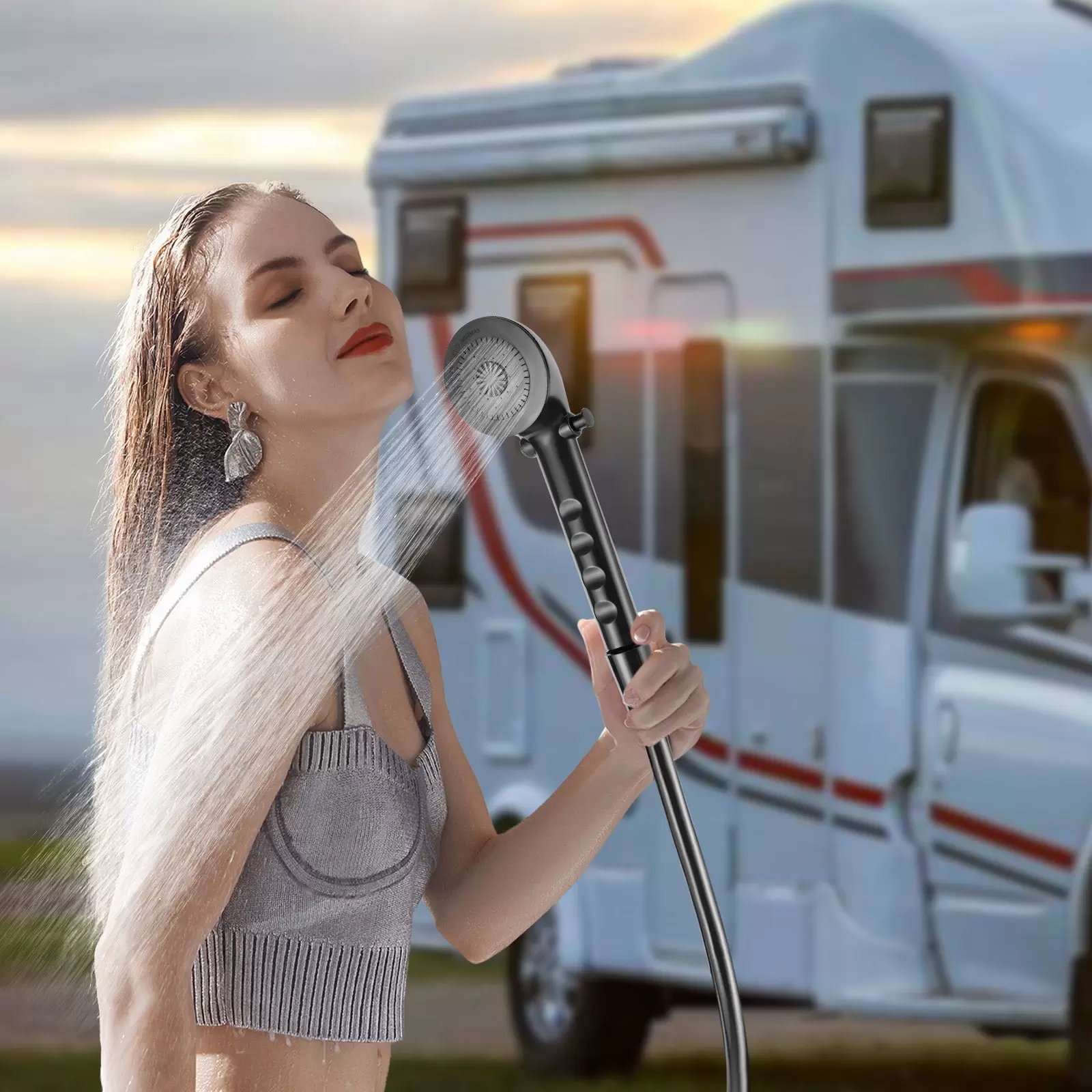 RV Exterior Shower Box Kit with Hot/Cold Switch, Shower Head, Hose, for Boat, Motorhome, Caravan, Black