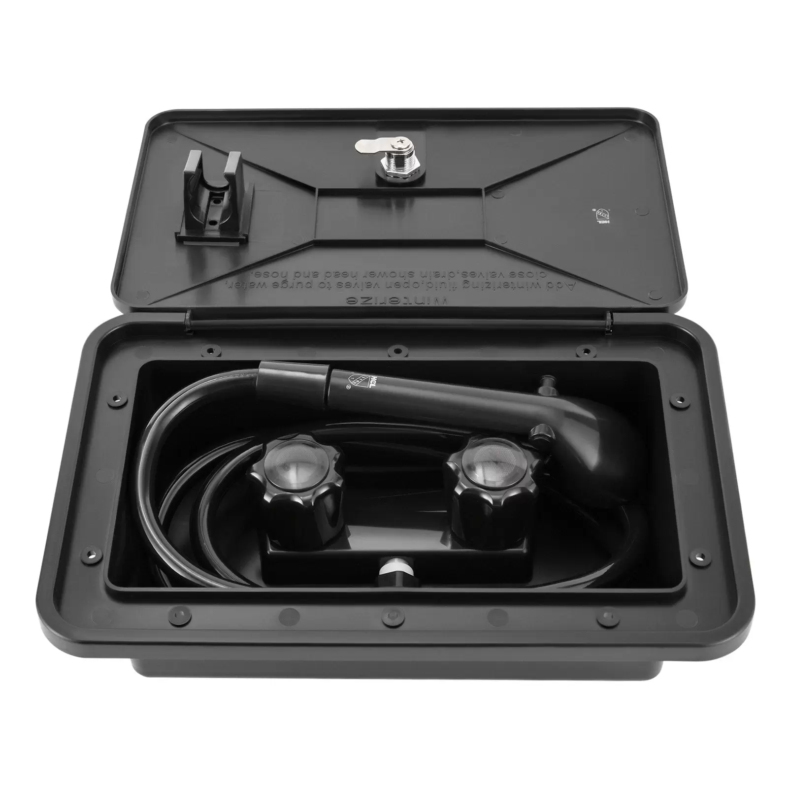 RV Exterior Shower Box Kit with Hot/Cold Switch, Shower Head, Hose, for Boat, Motorhome, Caravan, Black RV Exterior Shower Box Kit with Hot/Cold Switch, Shower Head, Hose, for Boat, Motorhome, Caravan, Black
