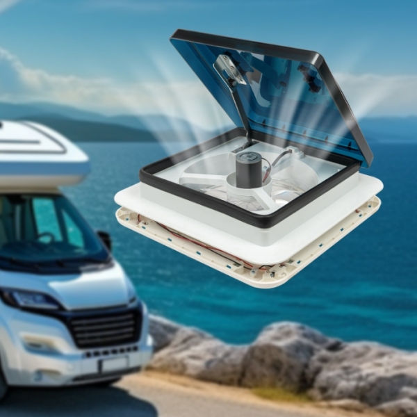 12V camper roof fan, button control, opening, 10 blades, black cover with light