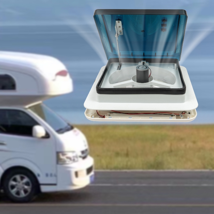 12V camper roof fan, button control, opening, 10 blades, black cover with light 12V camper roof fan, button control, opening, 10 blades, black cover with light