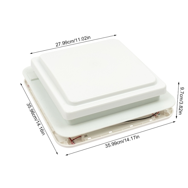 12V camper roof fan, button control, opening, 10 blades, white cover with light