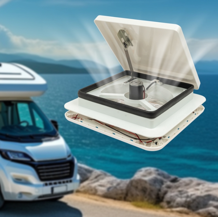 12V camper roof fan, button control, opening, 10 blades, white cover with light