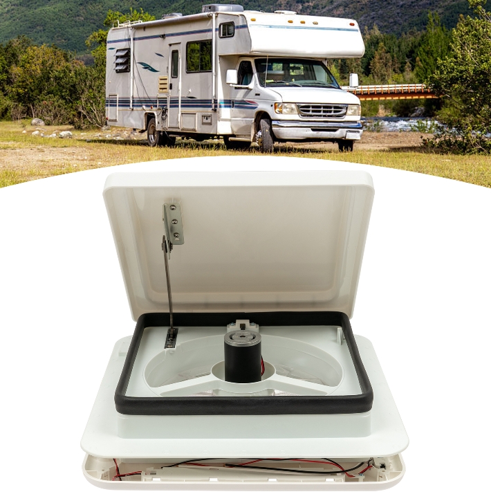 12V camper roof fan, button control, opening, 10 blades, white cover with light 12V camper roof fan, button control, opening, 10 blades, white cover with light