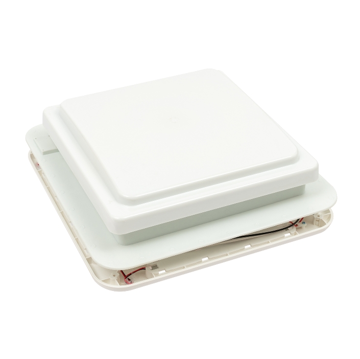 12V camper roof fan, button control, opening, 10 blades, white cover with light