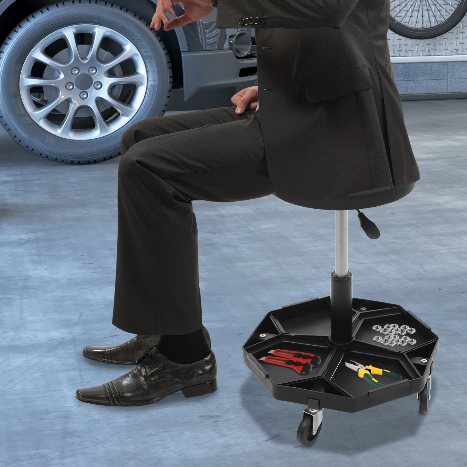 Round Workshop Rolling Seat, Pneumatic Garage Seat, Rolling Pneumatic Shop Seat - Black