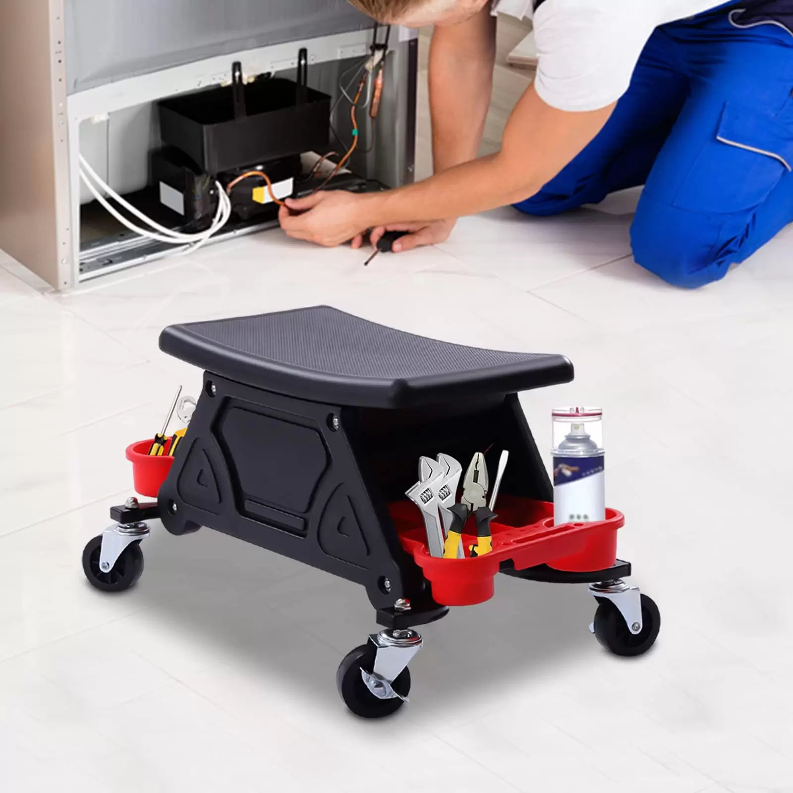 Detailing Seat Mechanics Stool with Wheels Mobile Rolling Creeper Seat or Chair Tools Organizer Storage Trays for Garage DIY Home Car Wash Wax Polishing Projects
