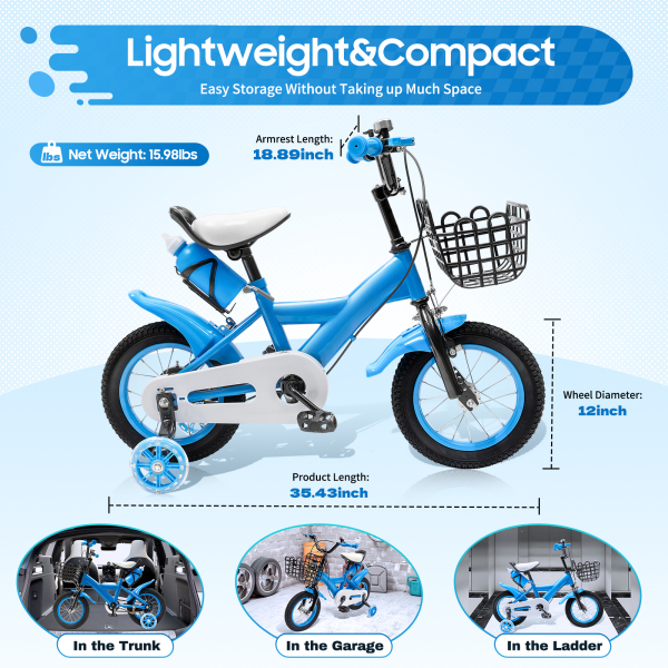 12 Inch Children's Bike Carbon Steel Alloy Bicycle With Brake And Training Wheels For Toddler Boy And Girl Applicable To Towns Beaches 27.6*15.7inch Blue