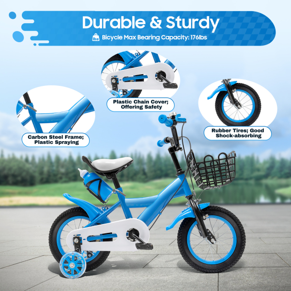 12 Inch Children's Bike Carbon Steel Alloy Bicycle With Brake And Training Wheels For Toddler Boy And Girl Applicable To Towns Beaches 27.6*15.7inch Blue