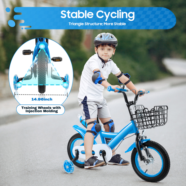12 Inch Children's Bike Carbon Steel Alloy Bicycle With Brake And Training Wheels For Toddler Boy And Girl Applicable To Towns Beaches 27.6*15.7inch Blue