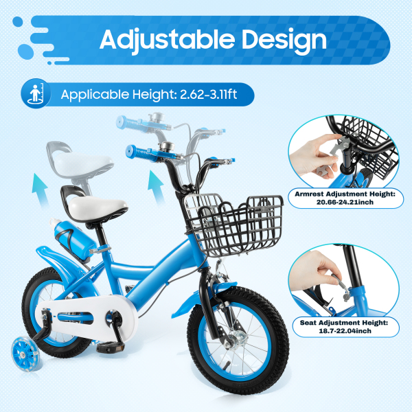 12 Inch Children's Bike Carbon Steel Alloy Bicycle With Brake And Training Wheels For Toddler Boy And Girl Applicable To Towns Beaches 27.6*15.7inch Blue